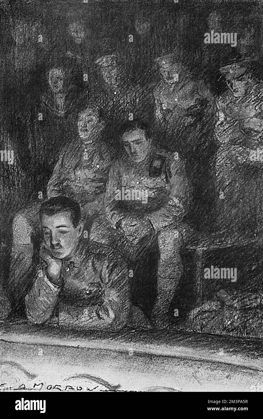 Eine Illustration des Zuschauers von Soldaten, die die Oper von einem hohen Aussichtspunkt aus betrachten, alle in voller Militäruniform und mit einem traurigen Ausdruck. Datum: 1916 Stockfoto