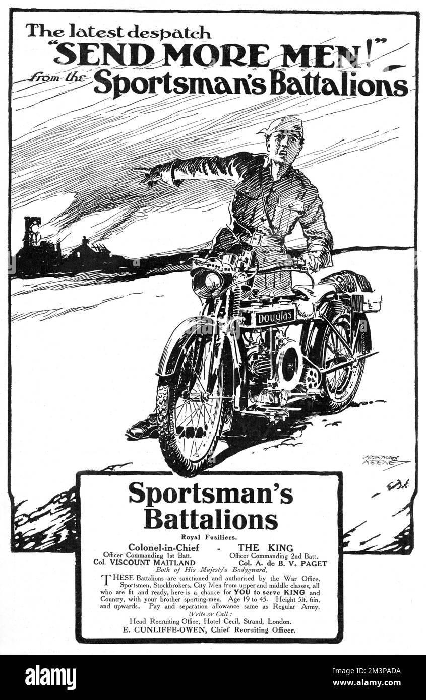 Ein Werbespot für Sportler-Bataillone, mit einem Sattelfahrer auf einem Douglas-Motorrad, der dringend auf einige rauchende Ruinen hinweist. Im Gegensatz zu anderen Einheiten nahmen die Sportsman's Battalions Männer bis zum Alter von 45 Jahren auf, was die Rekrutierung von gesunden, aber älteren Männern ermöglichte. 1915 Stockfoto