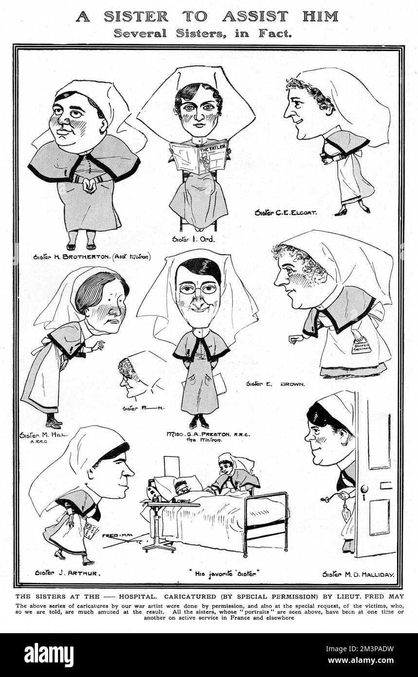 Einige Pflegepersonen, karikiert von Fred May im Ersten Weltkrieg. Alle von ihnen waren früher oder später im aktiven Dienst und arbeiteten in Krankenhäusern in Frankreich. Datum: 1918 Stockfoto