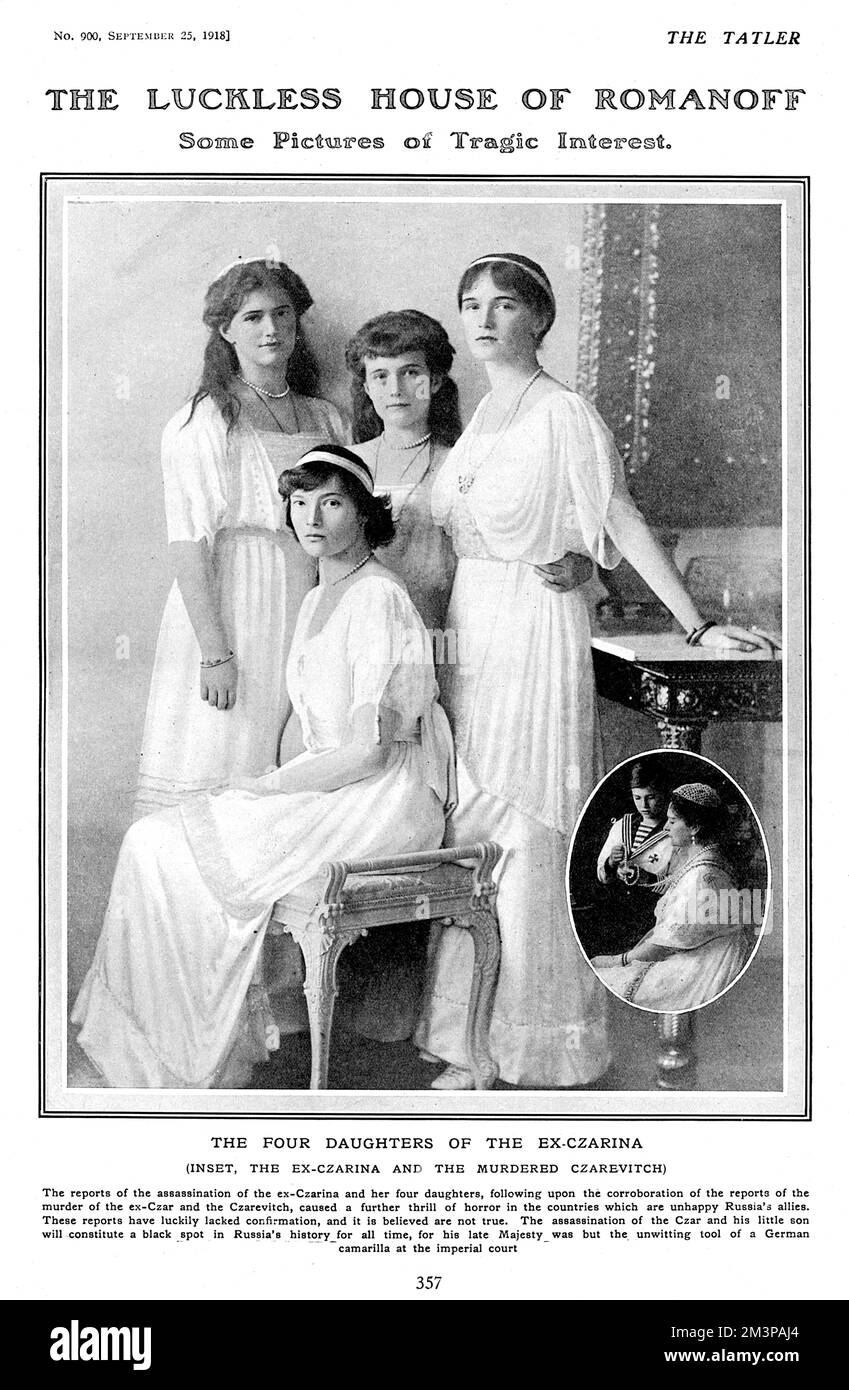 Das glücklose Haus Romanoff - ein paar Bilder von tragischem Interesse. Die vier Töchter des ermordeten Zaren Nicholas II. - Großherzogin Olga, Tatiana, Marie und Anastasia, mit einem eingelegten Bild der Zarina (ehemals Prinzessin Alix von Hessen-Darmstadt) und ihrem Sohn, dem Zarajewitsch, Alexei. Die Tatler berichtet über Gerüchte, dass die vier Großherzoginnen und die Zarina ebenso erschossen worden seien, wie ihr Vater und Bruder, aber schreibt: "Diesen Berichten mangelte es zum Glück an Bestätigung, und man glaubt, dass sie nicht wahr sind." Leider war das Gegenteil der Fall. Datum: 1918 Stockfoto