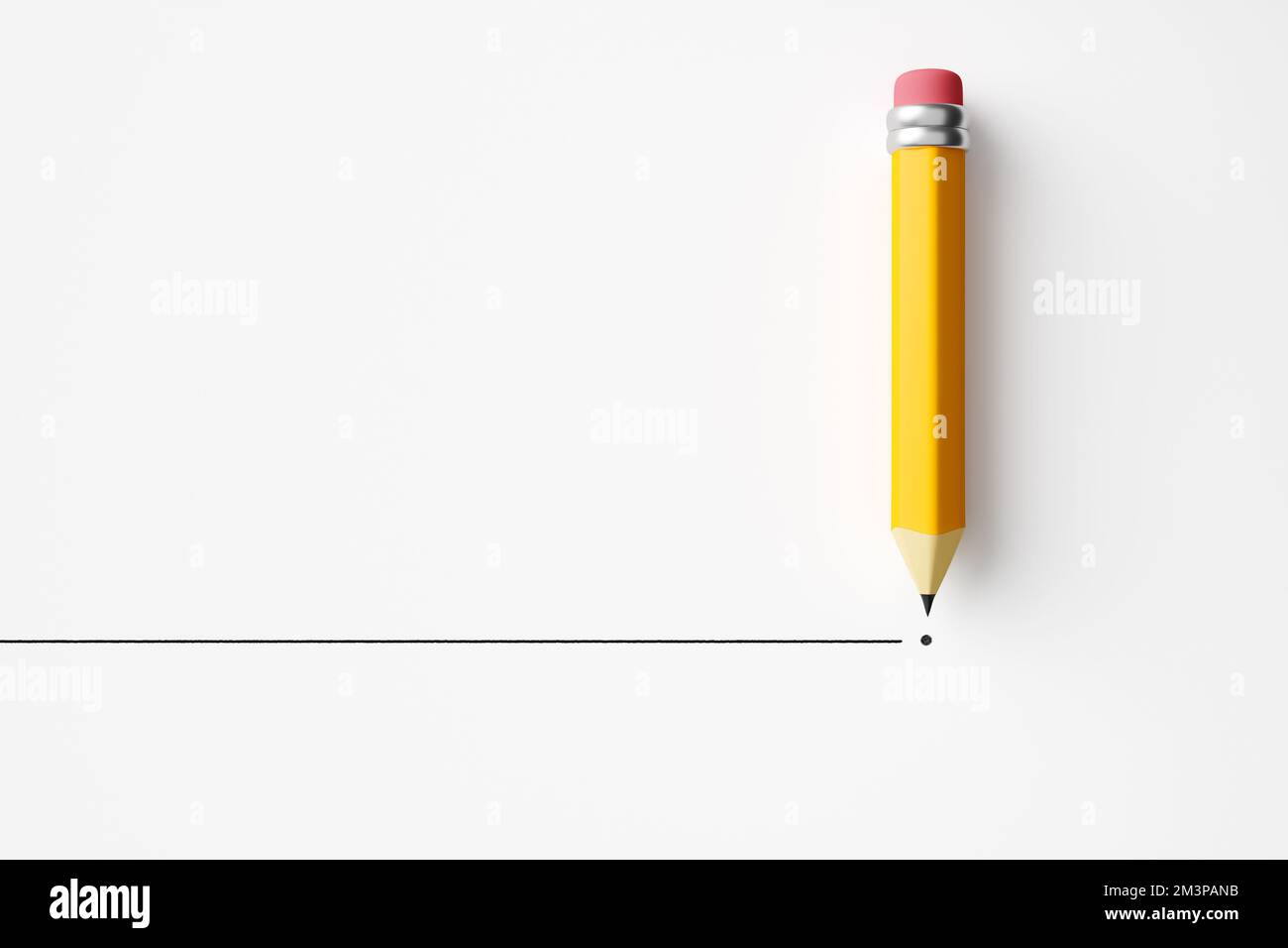 Bleistift zeichnet eine Linie und einen Punkt auf weißem Hintergrund. Um etwas zu beenden oder zu beenden, eine Entscheidung über den Ruhestand, eine geschäftliche Schlussfolgerung, eine kreative Idee, ima Stockfoto