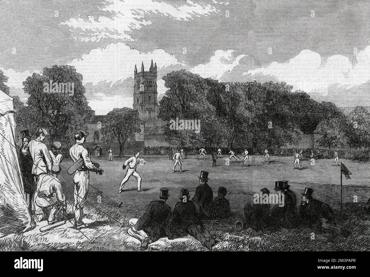 Zwischen Eton und Winchester College findet in Winchester ein Cricket-Spiel statt. Viele Zuschauer treffen sich, um das Spiel zu sehen. 1864 Stockfoto