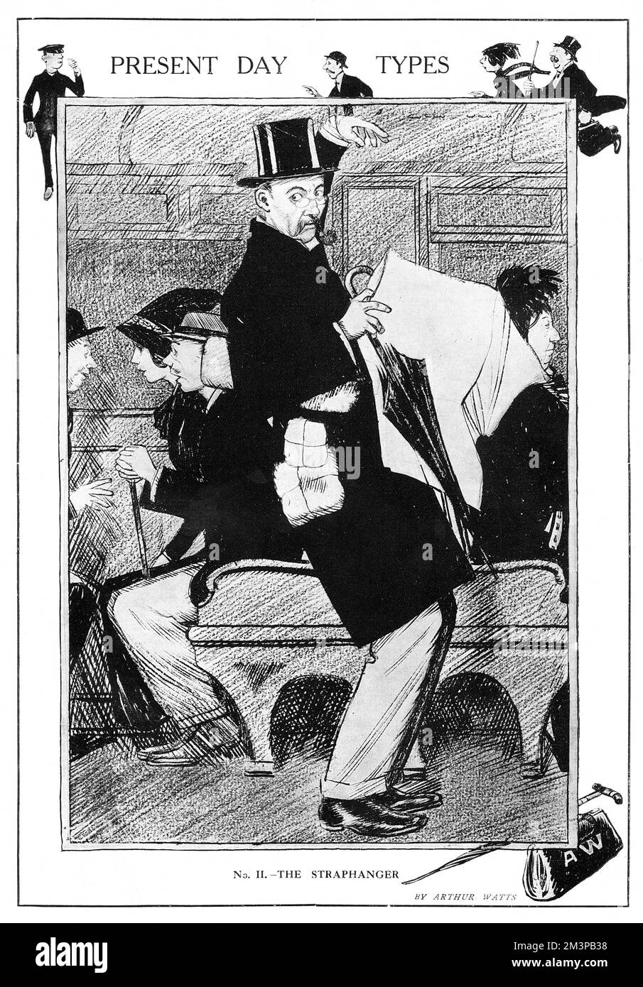 Ein Gentleman mit Hut und Pfeife raucht versucht, sein Gleichgewicht in einem Londoner U-Bahn-Zug zu halten, indem er an einem der Gurte hängt, die seinen Regenschirm, die Zeitung und mehrere Pakete halten. Der Begriff „Traphanger“ wurde für diejenigen geprägt, die an den Riemen der Röhre hängten. Datum: 1914 Stockfoto