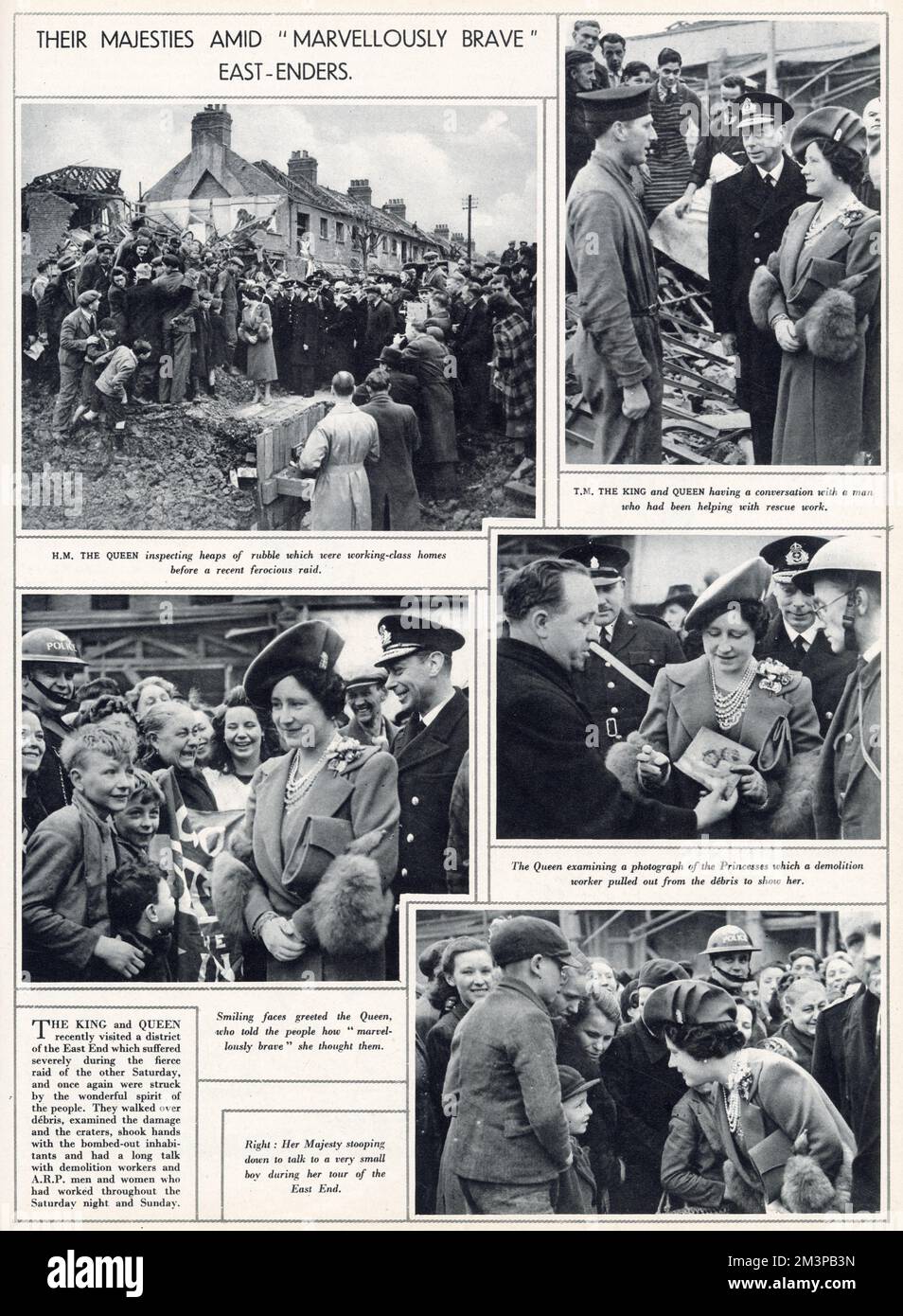 König George VI. Und Königin Elizabeth besuchten das East End von London, wo heftige Bombenanschläge verübt wurden. Sie gingen über Trümmer, untersuchten den Schaden und die Krater schüttelten den bombardierten Bewohnern die Hand und sprachen lange mit den Abbrucharbeitern. Stockfoto