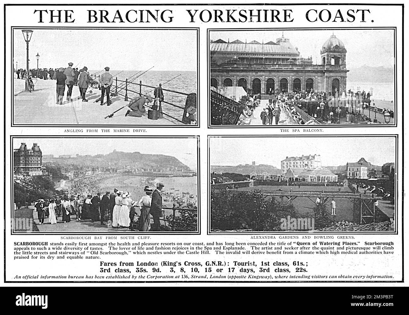 Werbung, in der die Freuden der rauschenden Yorkshire Küste als Urlaubsziel gepriesen werden, vor allem das Küstenresort Scarborough. Weniger als sechs Monate später, nach dem Ausbruch des Ersten Weltkriegs, würde die Stadt von deutschen Schiffen bombardiert. Datum: 1914 Stockfoto