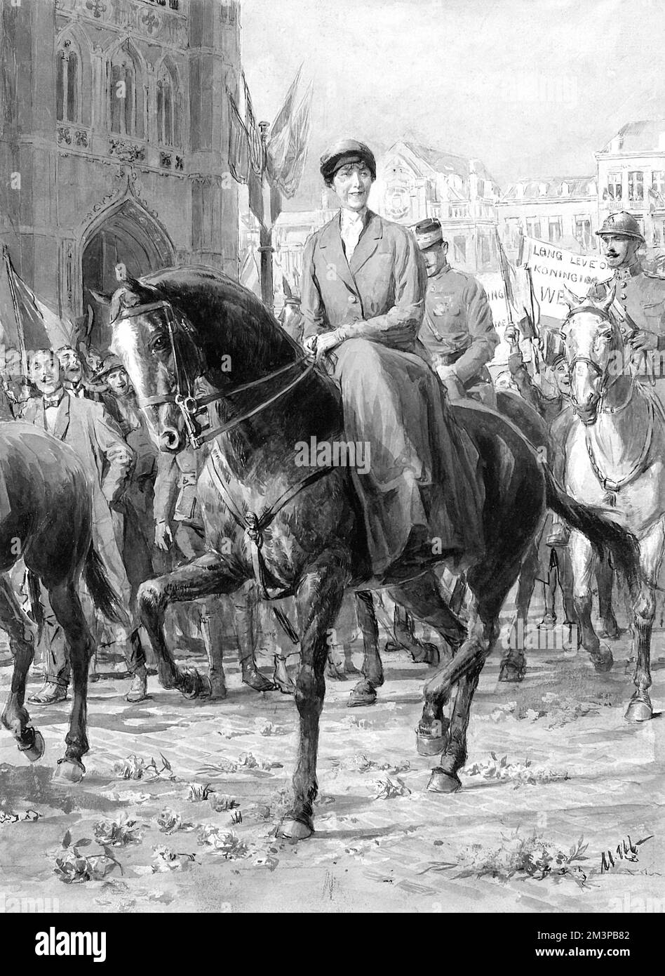 Königin Elisabeth von Belgien (Gemahlin Albert I.) zu Pferd, Soldaten und Zivilisten folgen ihr zu Fuß. Stockfoto