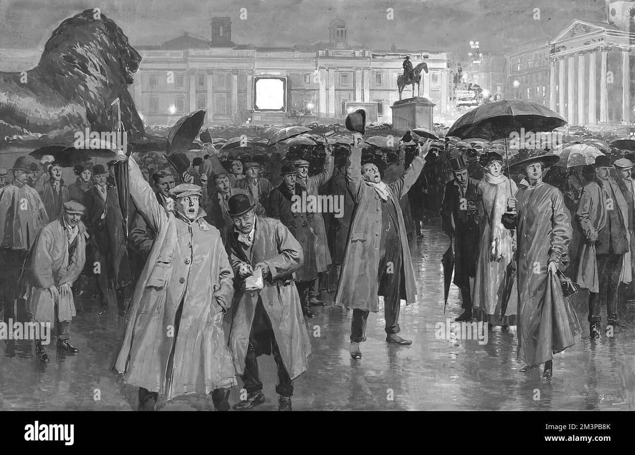 Szene am Trafalgar Square an einem regnerischen Winterabend Stockfoto