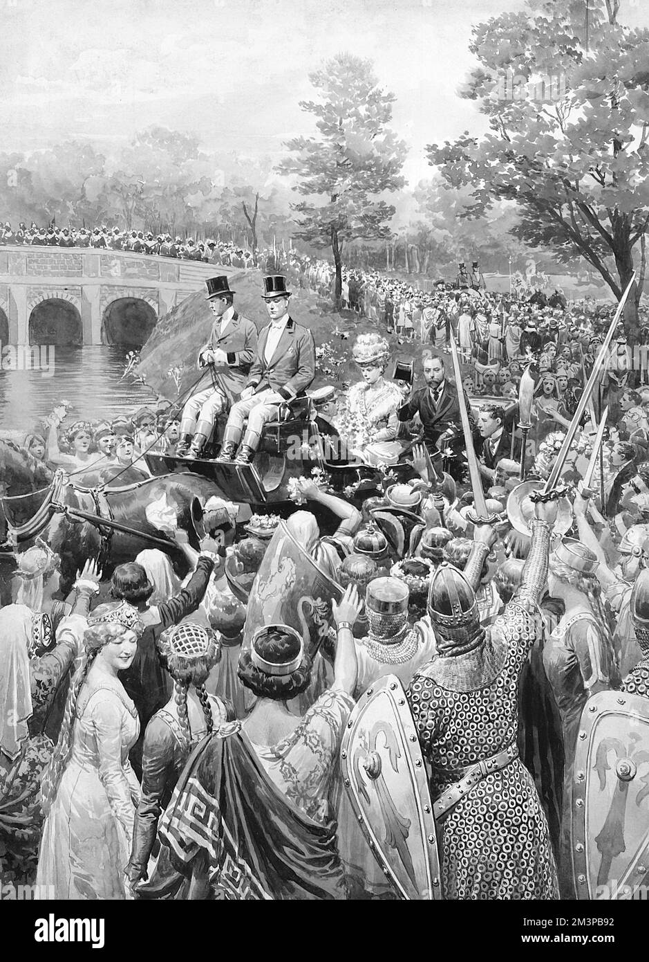 König George V und Königin Mary in einer Kutsche an einem Fluss, von Zuschauern in mittelalterlichen Kostümen begrüßt. Datum: 1911 Stockfoto