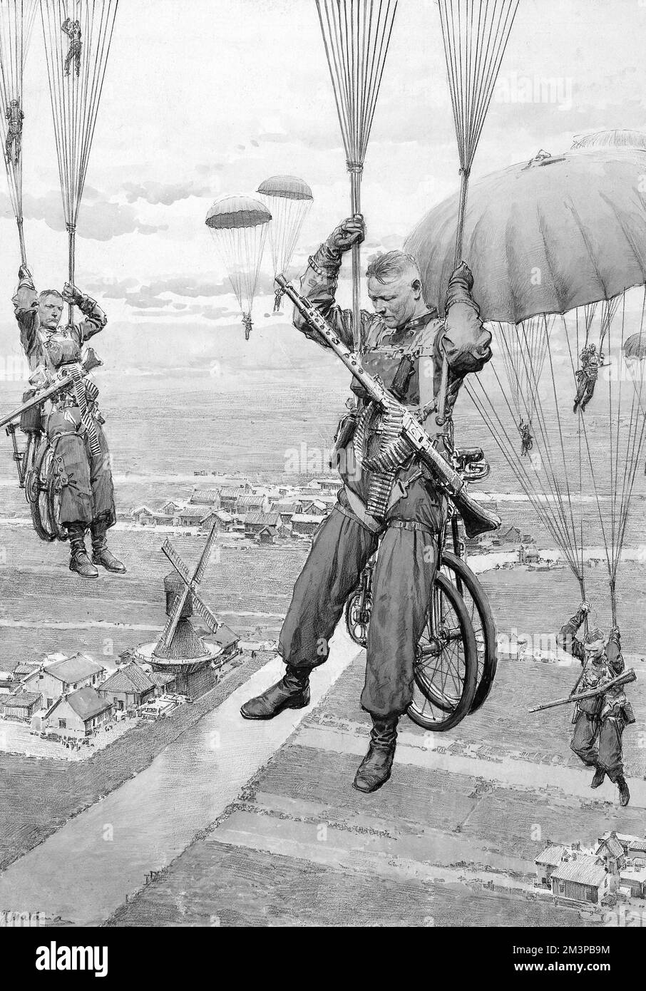 Deutschlands neueste Waffe - die Fallschirmtruppen. Die neue Methode der Kriegsführung beim Angriff auf die Niedrigsten Länder. Datum: 1940 Stockfoto
