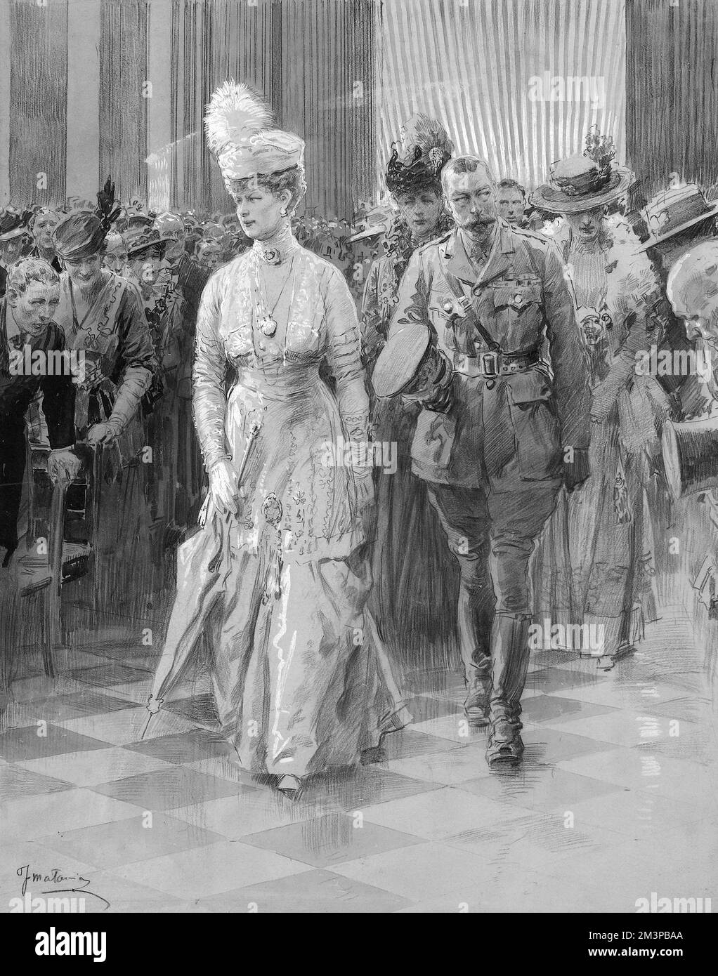 König Georg V. und Königin Maria gehen den Gang hinunter Stockfoto