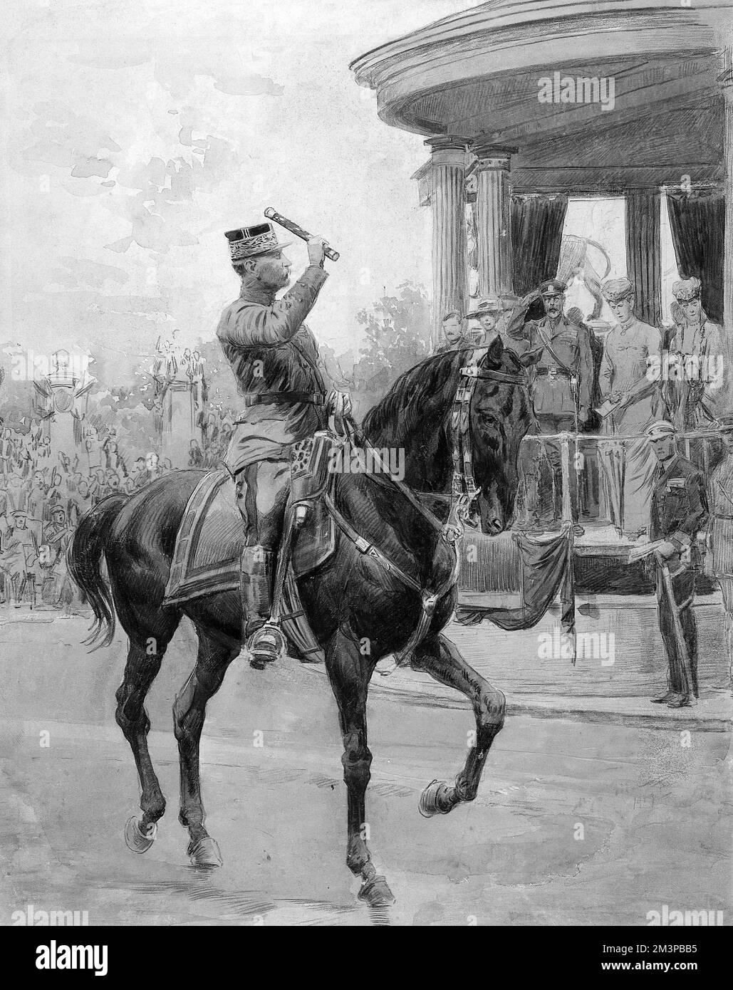 Siegesparade im Hyde Park, London. Er zeigt dem französischen General Foch auf dem Pferderücken, salutiert König George V. und Königin Mary, Königin Alexandra und Prinzessin Mary. Datum: 1919 Stockfoto