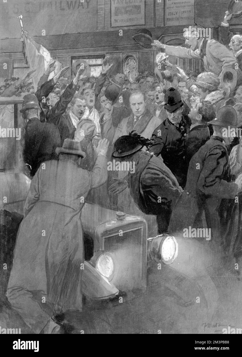 Der faschistische Ministerpräsident Italiens, Benito Mussolini, kommt in London an. Datum: 1922 Stockfoto