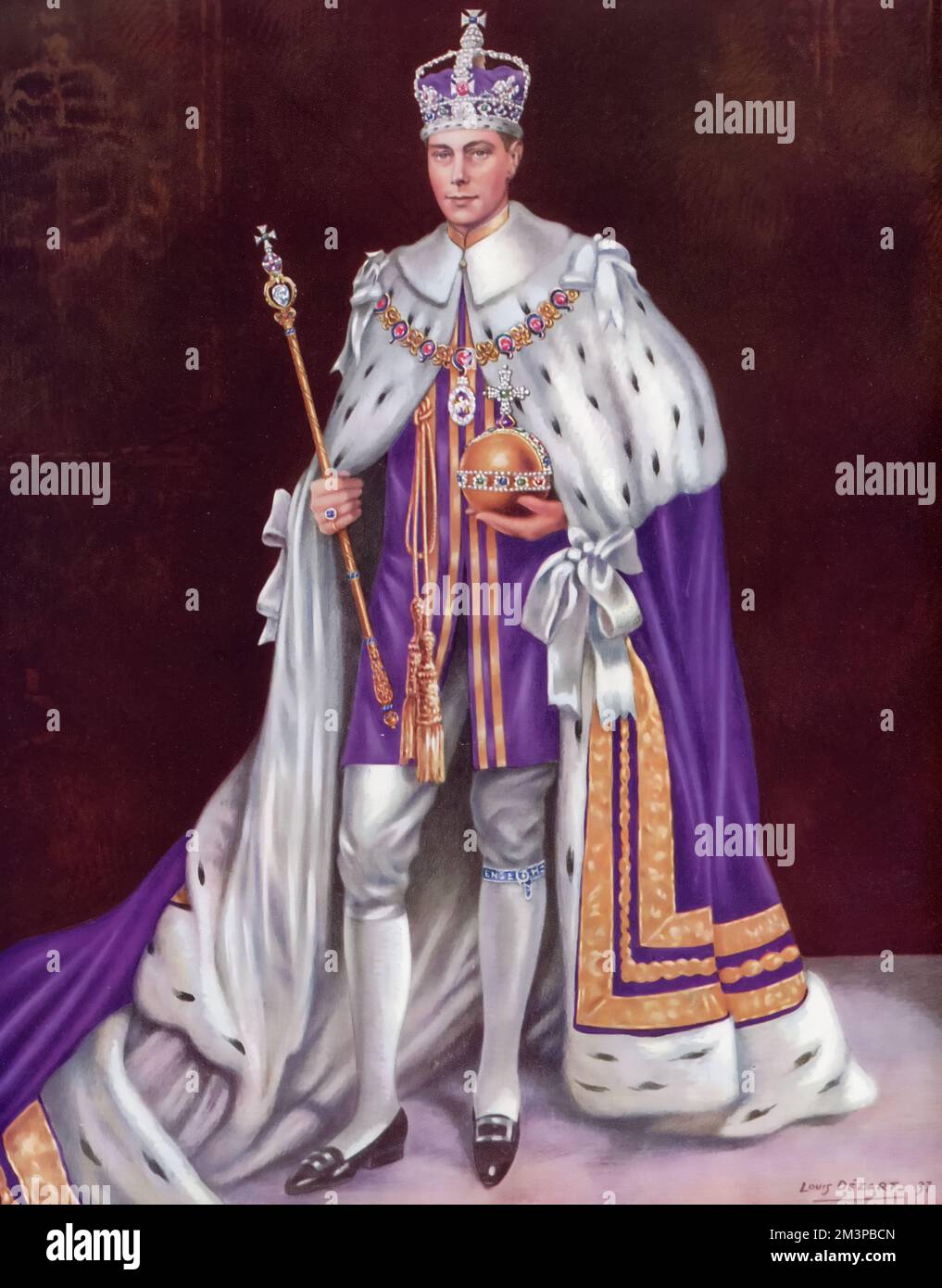 Seine Majestät König George VI. (1895-1952) trug Kronenbademäntel und hielt 1937 die Kronenregalie. Von Louis Dezart. Die Krönung von George VI. Fand am 12. Mai 1937 in der Westminster Abbey statt, dem Datum, das zuvor für die Krönung seines Bruders Edward VIII vorgesehen war. Stockfoto