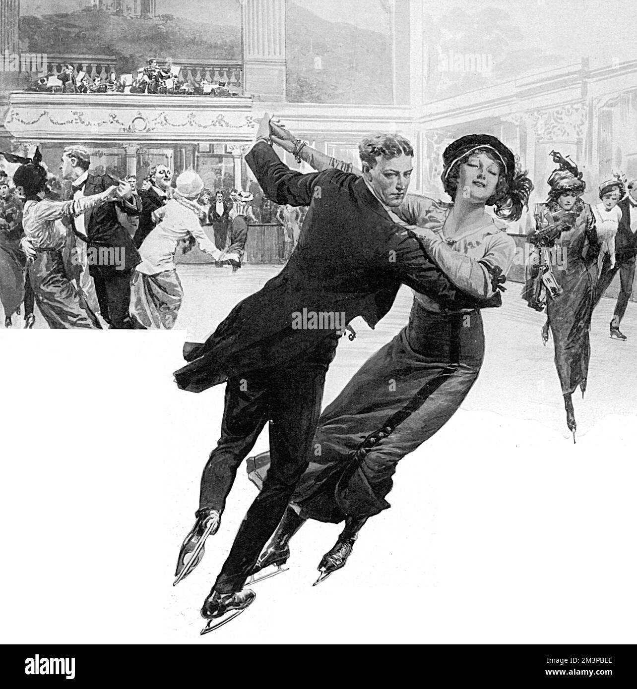 London im Winter - Schlittschuhlaufen im Prince's Skating Club in Knightsbridge - Eine besondere Wettkampfnacht (oben) und einige regelmäßige Teilnehmer des Clubs (von links): Lady Moss, Miss Samuel und Miss White und Lady Harcourt Smith. Datum: 1914 Stockfoto