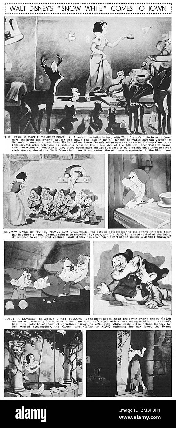 Auszug aus dem Sphere Magazin mit einer Vielzahl von Standbildern aus dem ersten Animationsfilm in Spielfilmlänge, produziert von den Walt Disney Studios, Snow White und den Sieben Zwergen, der im Dezember 1937 in Los Angeles Premiere fand und 1938 veröffentlicht wurde. Datum: 1938 Stockfoto
