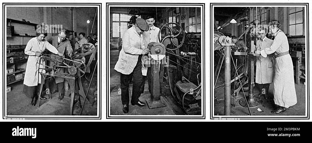Szenen, die die Ausbildung von Munitionsmitarbeitern am Shoreditch Technical Institute (geführt vom London County Council) während des Ersten Weltkriegs zeigen. Das linke Bild zeigt einer Frau, wie sie Knüppel für Muscheln sägt, das mittlere Bild zeigt Männer, die Werkzeuge für den Einsatz in Werkstätten bearbeiten, und das rechte Bild zeigt eine Frau, die Bohren lernt. Datum: 1916 Stockfoto