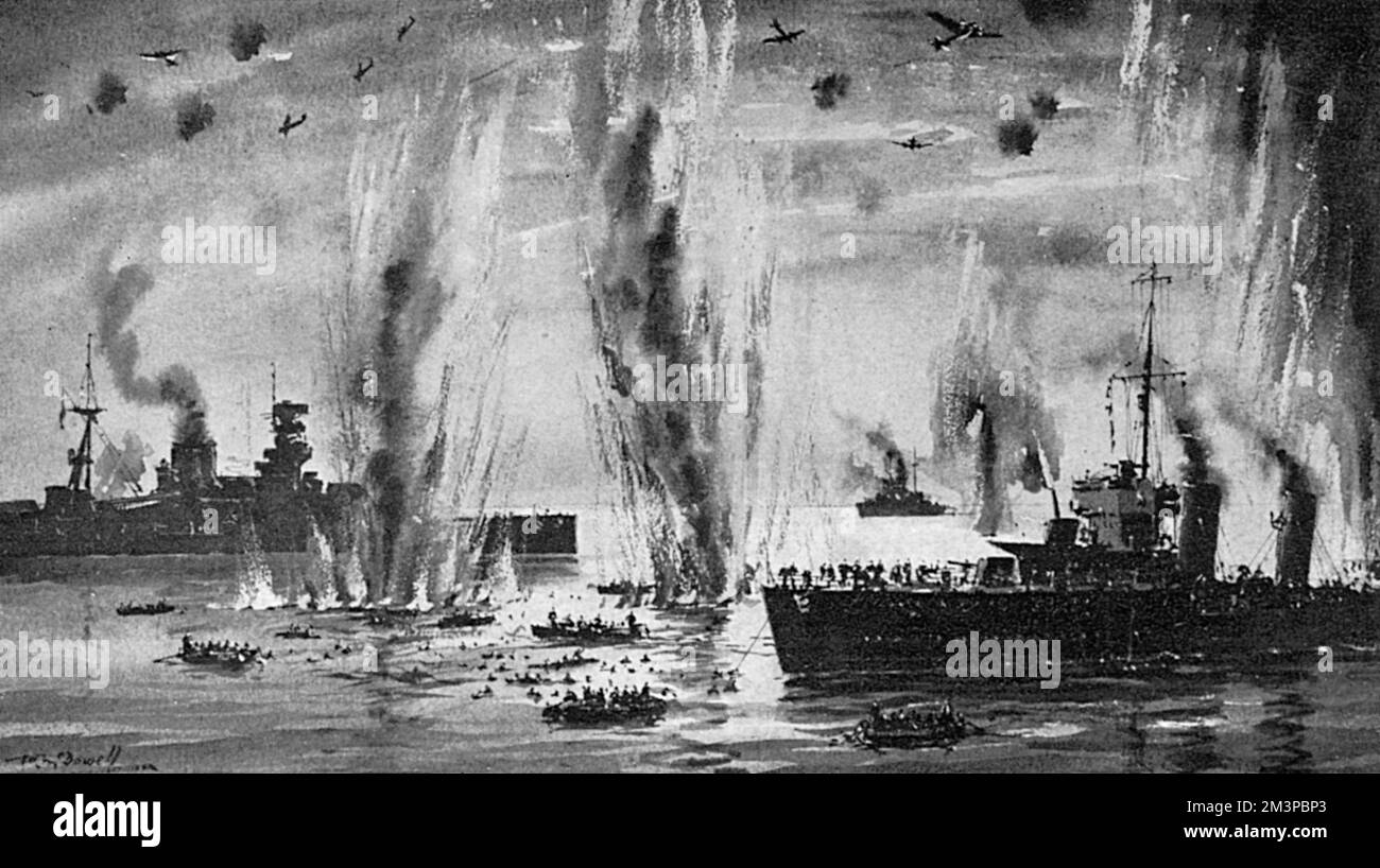 Am Samstagmorgen, dem 29. März, während der Schlacht von Kap Matapan vor der griechischen Küste, müssen britische Schiffe ihre Bemühungen zur Rettung italienischer Überlebender aufgrund von Angriffen deutscher Bomber aufgeben. Die Schlacht führte zum Verlust oder zur Beschädigung mehrerer italienischer Kriegsschiffe. Datum: 27.-29. März 1941 Stockfoto