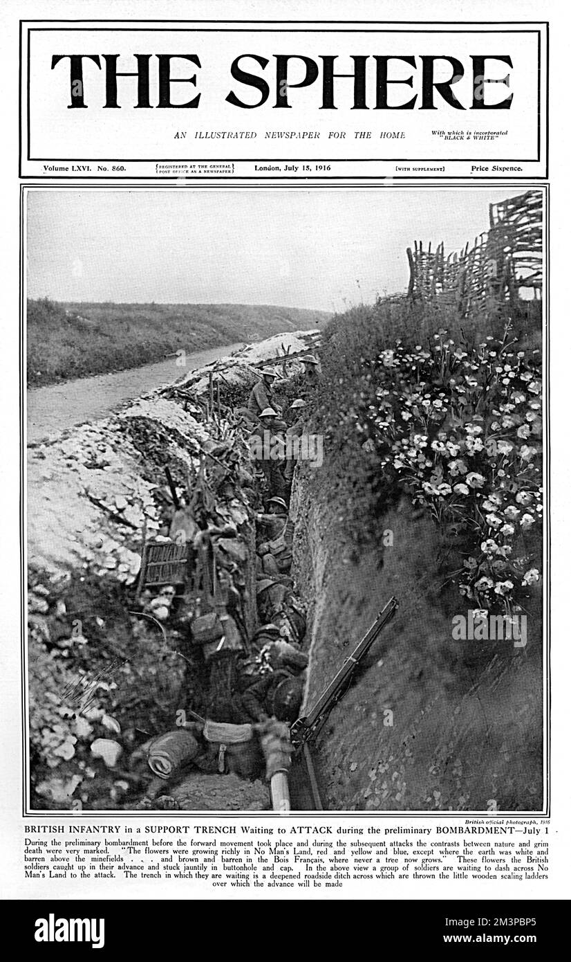 Frontabdeckung der Sphäre mit einem Foto, das die britische Infanterie in einem Stützgraben zeigt, die während des Bombenangriffs vor dem Angriff am 1. Juli 1916, dem ersten Tag der Schlacht an der Somme, auf einen Angriff wartet. Beachten Sie die Blumen neben dem Graben, die stark wuchsen. Die Zeitschrift schreibt, dass eine Reihe von Soldaten sie gepflückt und sie "jubelnd in Knopfloch und Mütze stecken". Datum: 1916 Stockfoto
