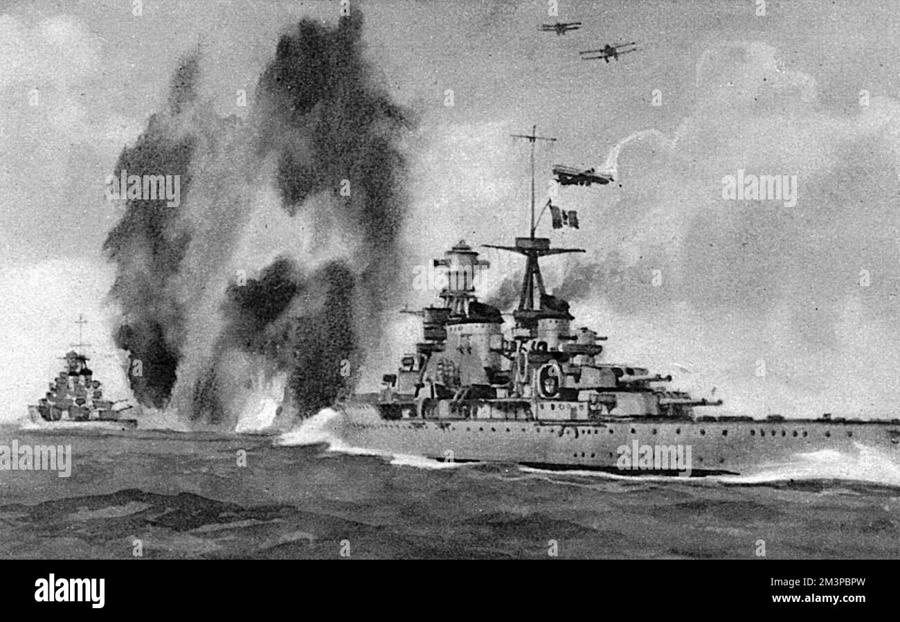 Die R.A.F. attackiert die italienischen Schlachtschiffe Zara, Pola und Fiume am Nachmittag des 28. März während der Schlacht von Kap Matapan. Datum: 28. März 1941 Stockfoto