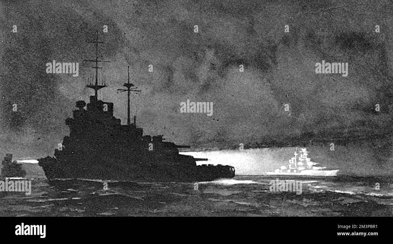 Nachts wird ein italienischer Marinekreuzer von britischen Suchscheinwerfern ausgesucht, und die britische Truppe nähert sich im Schutz der Dunkelheit - die italienischen Schiffe hatten kein Radar. Datum: 28. März 1941 Stockfoto