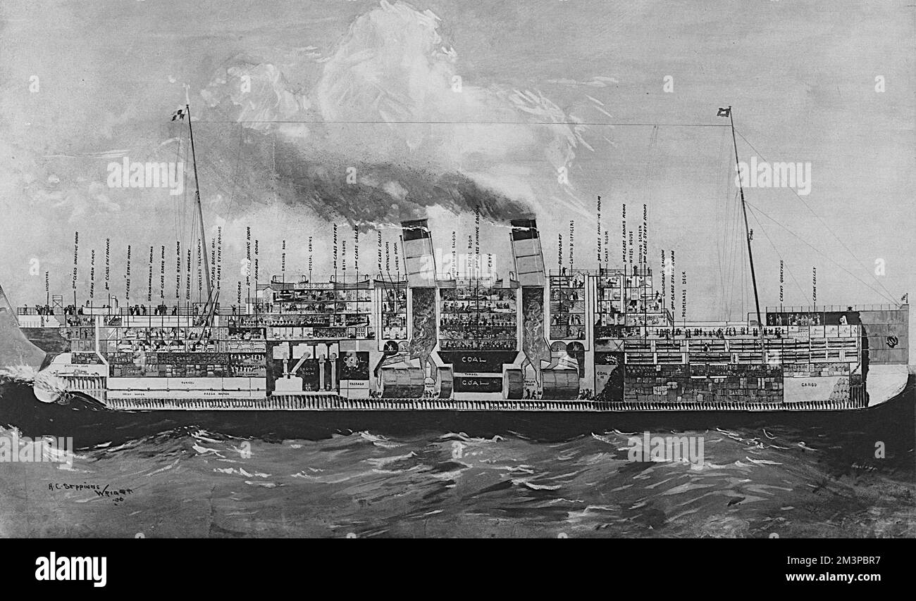 Querschnittsdiagramm der RMS Kaiserin von Irland, die in den frühen Morgenstunden des 29.. Mai 1914 am Father Point an der Mündung des Saint Lawrence River sank. Stockfoto