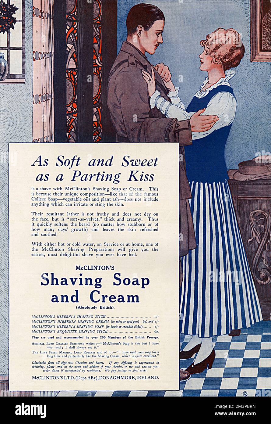 Werbung für McClinton's Shaving Soap and Cream aus der Zeit des Ersten Weltkriegs. Die Seife zeigt einen gut aussehenden und gepflegten Soldaten, der sich von seiner Frau oder seinem Schatz verabschiedet, bevor er zur Front geht. Sie ist „weich und süß wie ein Abschiedskuss“. Datum: 1916 Stockfoto