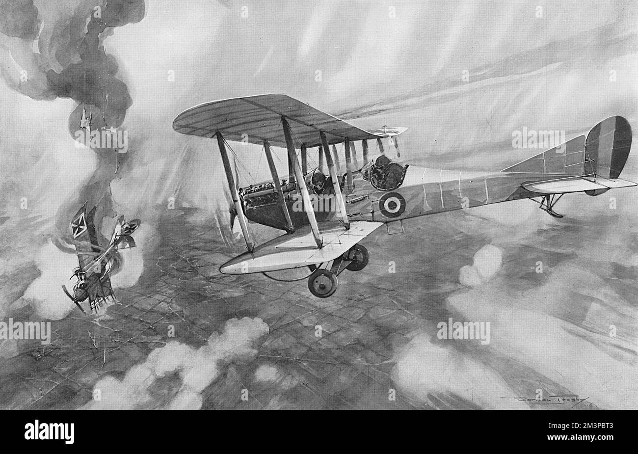Ein britisches Doppelflugzeug, angegriffen durch Maschinengewehrfeuer eines größeren deutschen Flugzeugs über belgischem Territorium, wird Zeuge, wie das feindliche Flugzeug in Flammen auf die Erde fliegt, nachdem es von Flugabwehrwaffen getroffen wurde. 1916 Stockfoto