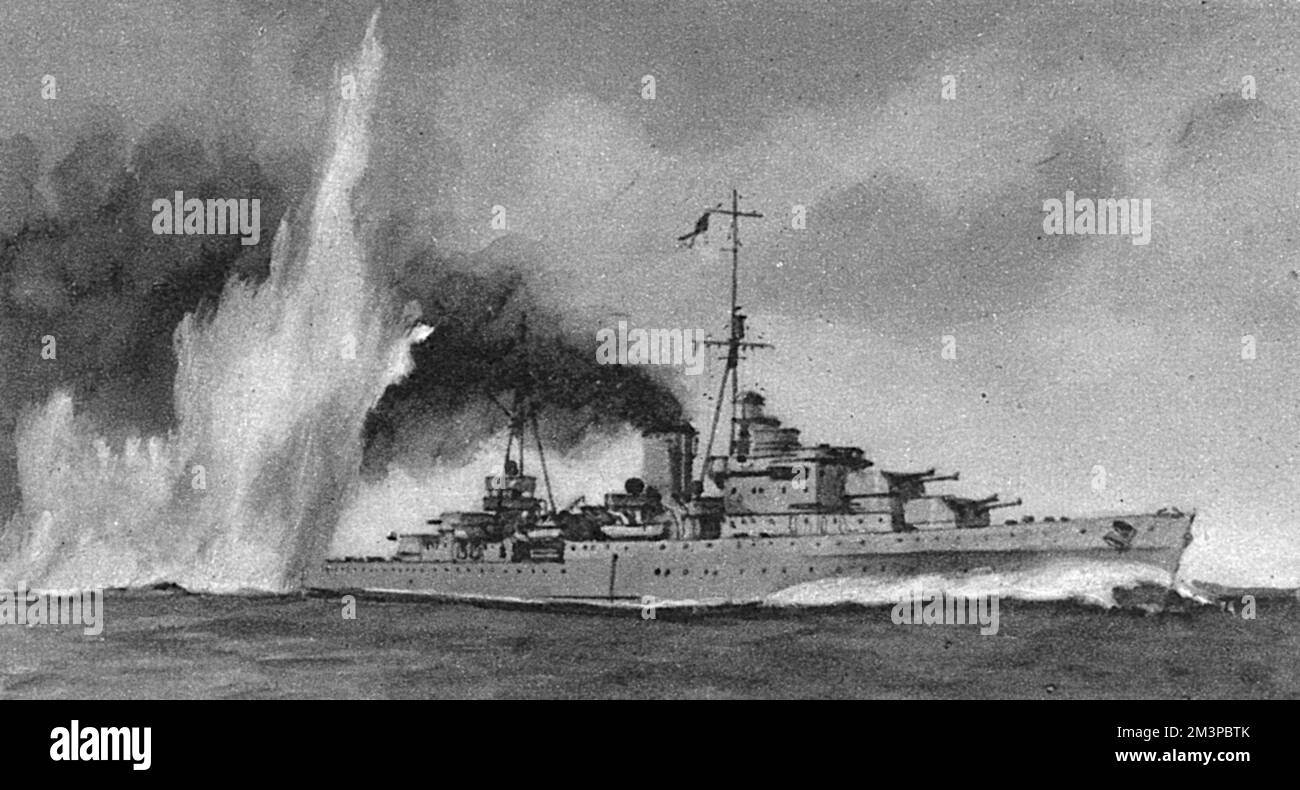 Der britische Leichtkreuzer H.M.S.Orion und andere Schiffe lenken das Feuer der italienischen Kampfflotte während der frühen Phasen der Schlacht am Kap Matapan, vor der griechischen Küste. Datum: 28. März 1941 Stockfoto