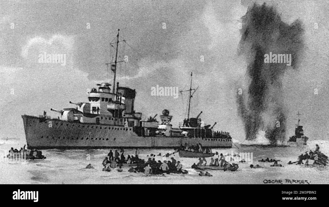 Britische und griechische Zerstörer sammeln italienische Matrosen auf, Überlebende der Kriegsschiffe, die während der Schlacht versenkt wurden. Die alliierten Schiffe mussten den Ort am späten Morgen verlassen, weil sie Angst vor einem feindlichen Luftangriff hatten, aber der Ort der Überlebenden wurde von den Briten gesendet und sichere Durchfahrt für ein italienisches Krankenhausschiff gegeben, um die Rettungsaktion fortzusetzen. Datum: 29. März 1941 Stockfoto