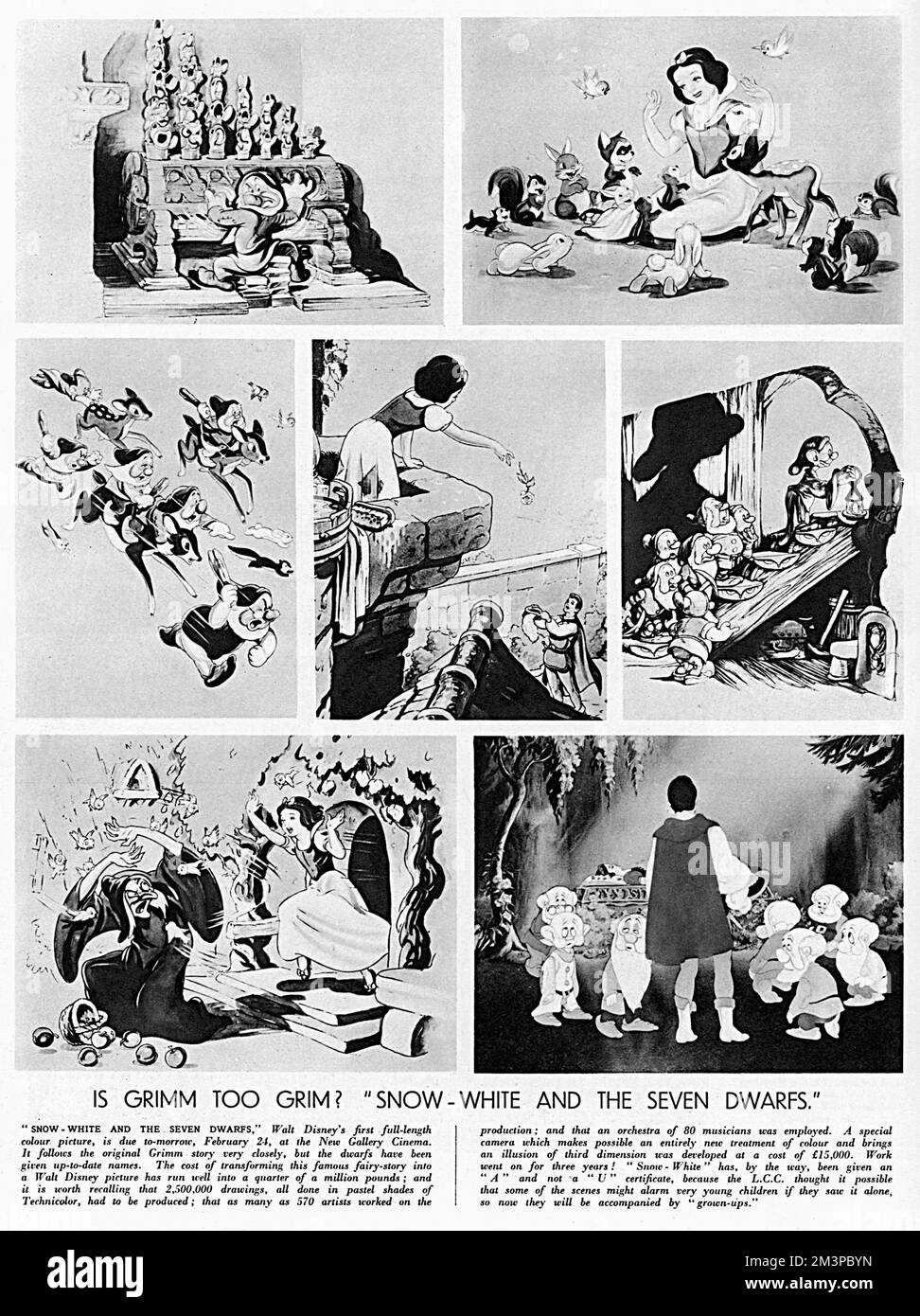 Ist Grimm zu Grim? Die Veröffentlichung des ersten Films in Spiellänge von Walt Disney, Snow White, wurde in The Sketch mit einem Kommentar darüber berichtet, dass er ein A- statt eines U-Zertifikats erhielt, da der London County Council dachte, der Film könnte kleine Kinder alarmieren. Datum: 1938 Stockfoto