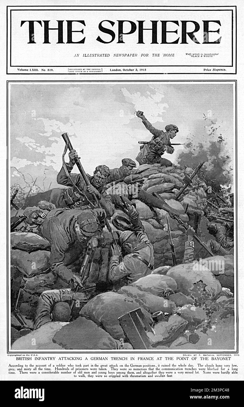 Britische Infanterie greift einen deutschen Graben in Frankreich an Stockfoto