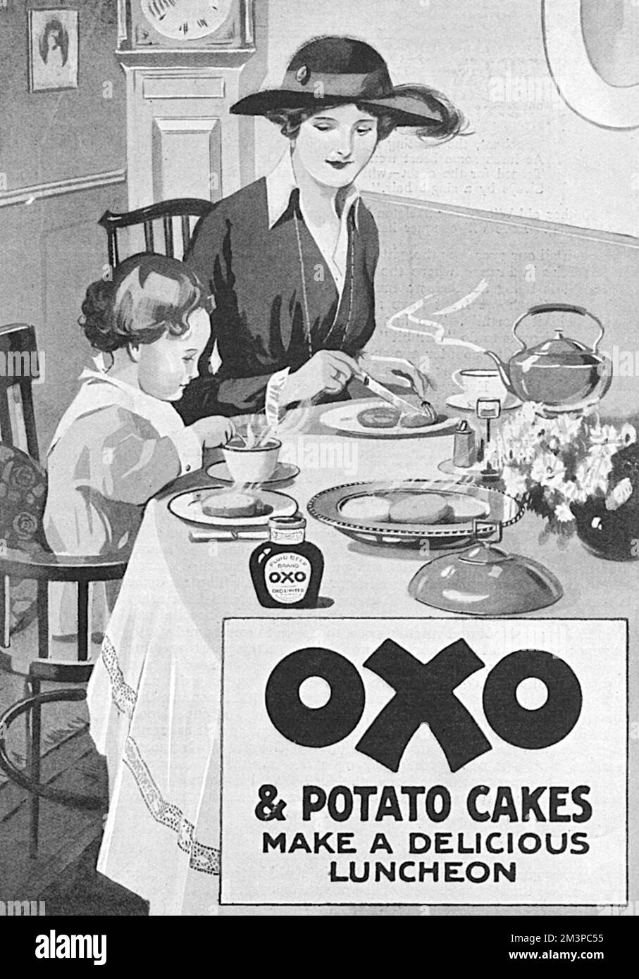Werbung für Oxo, die Oxo und Kartoffelkuchen als köstliches (und wirtschaftliches) Mittagessen während des Ersten Weltkriegs vorschlägt. Datum: 1918 Stockfoto