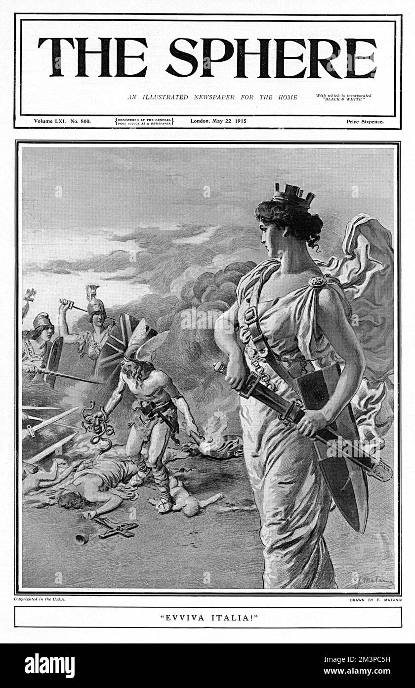 Lang Lebe Italien! Fortunino Matanias Illustration feiert Italiens Eintritt in den Ersten Weltkrieg im Mai 1915. Während britische, französische und deutsche symbolische Persönlichkeiten im Hintergrund kämpfen, zieht Italien ein Schwert aus seiner Scheide Datum: Mai 1915 Stockfoto