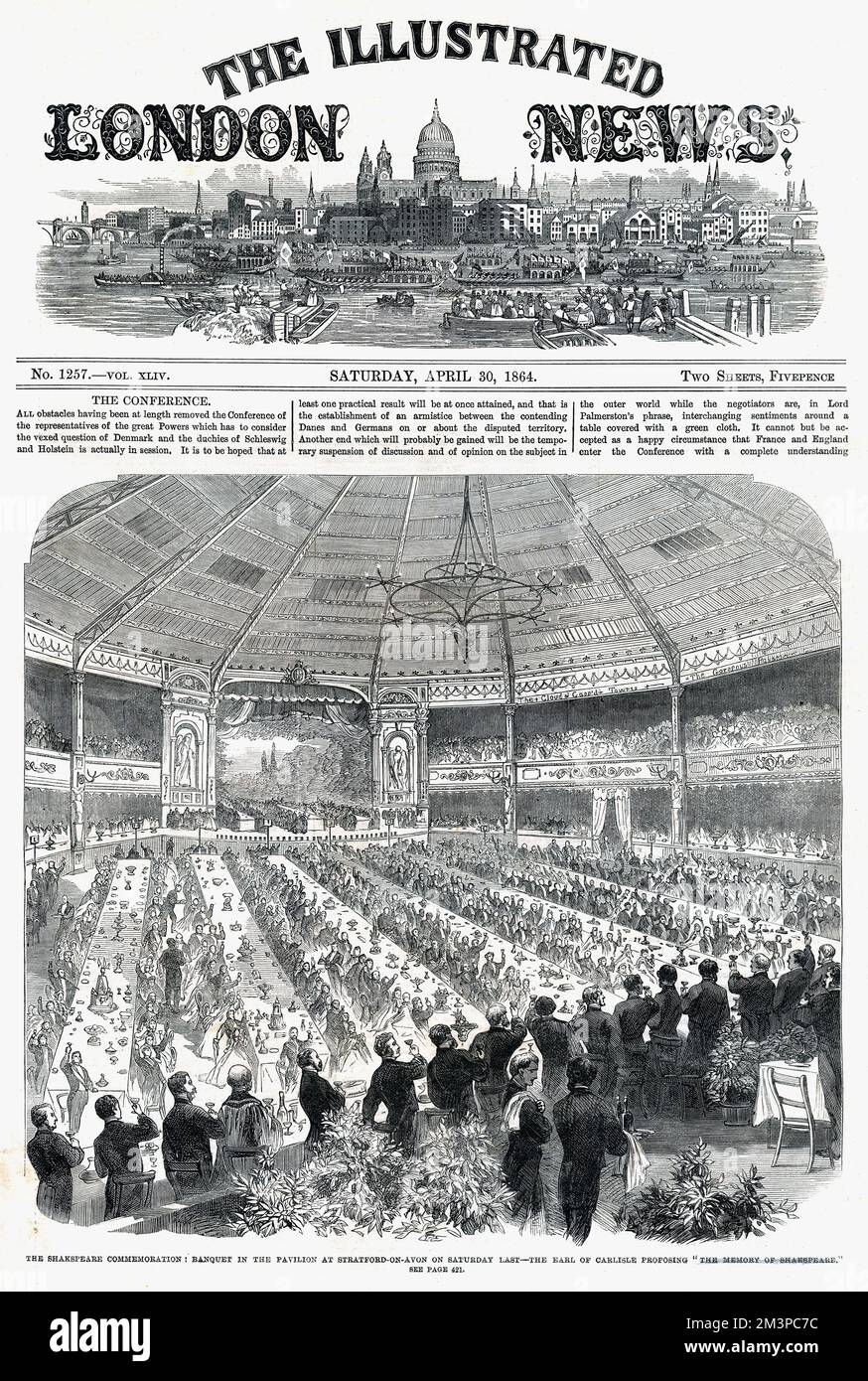Titelseite der illustrierten London News mit einem Bankett im Pavillon in Stratford-upon-Avon als Teil der Shakespeare-Gedenkaktivitäten. Der Graf von Carlisle schlägt einen Toast aus. Datum: 1864 Stockfoto