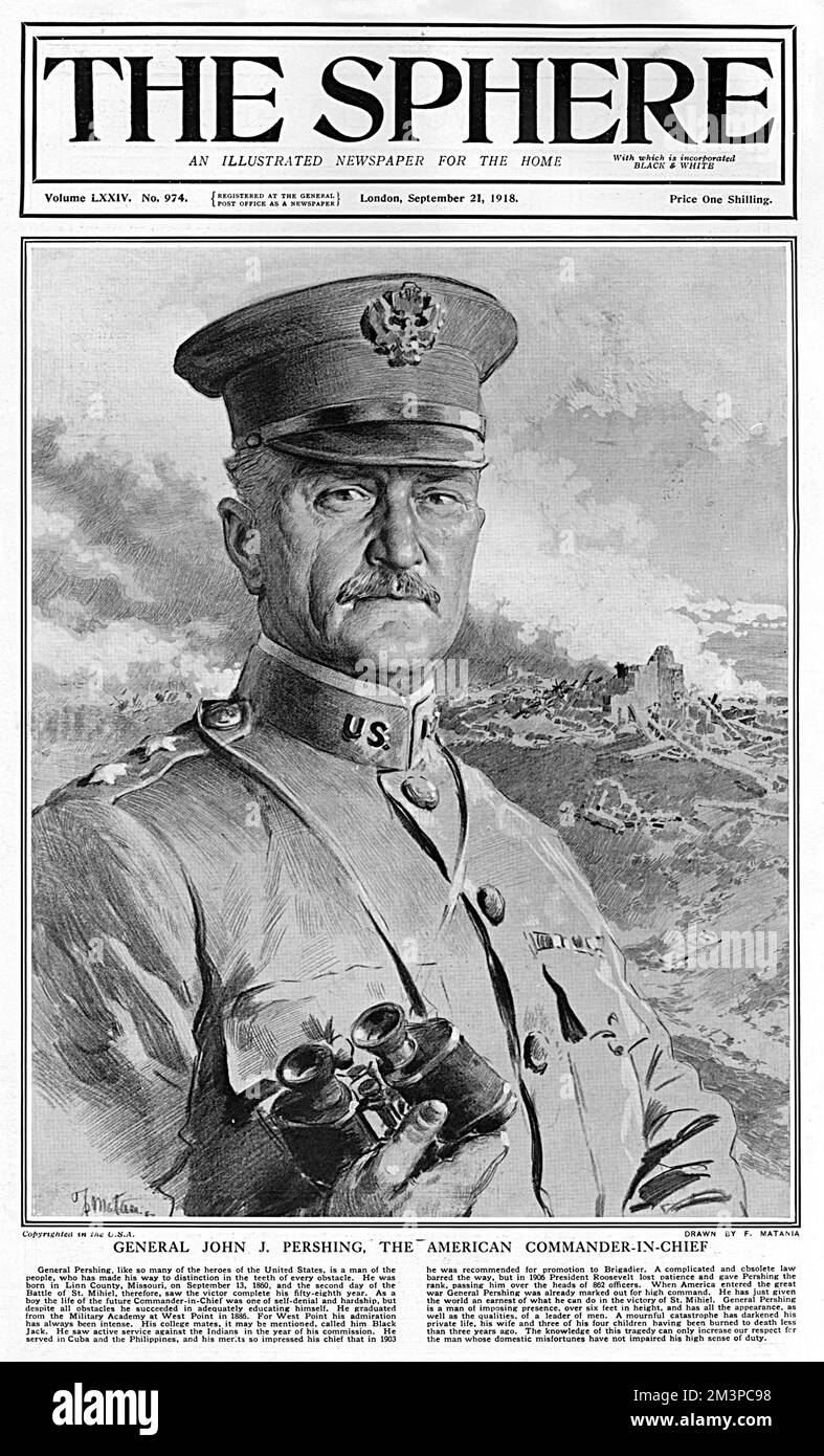 General John Joseph „Black Jack“ Pershing (1860-1948), Oberbefehlshaber der amerikanischen Expeditionstruppen während des Ersten Weltkriegs. Auf dem Deckblatt der Kugel von Fortunino Matania. Datum: 1918 Stockfoto