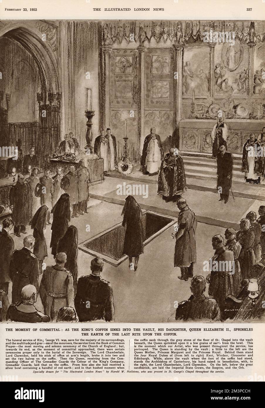 Der Moment der Einberufung in der St. George's Chapel, Windsor: Als König George VI. Sarg in den Tresor sinkt, streut seine Tochter, Königin Elizabeth II., die Erde des letzten Rituals auf den Sarg. Datum: Februar 1952 Stockfoto