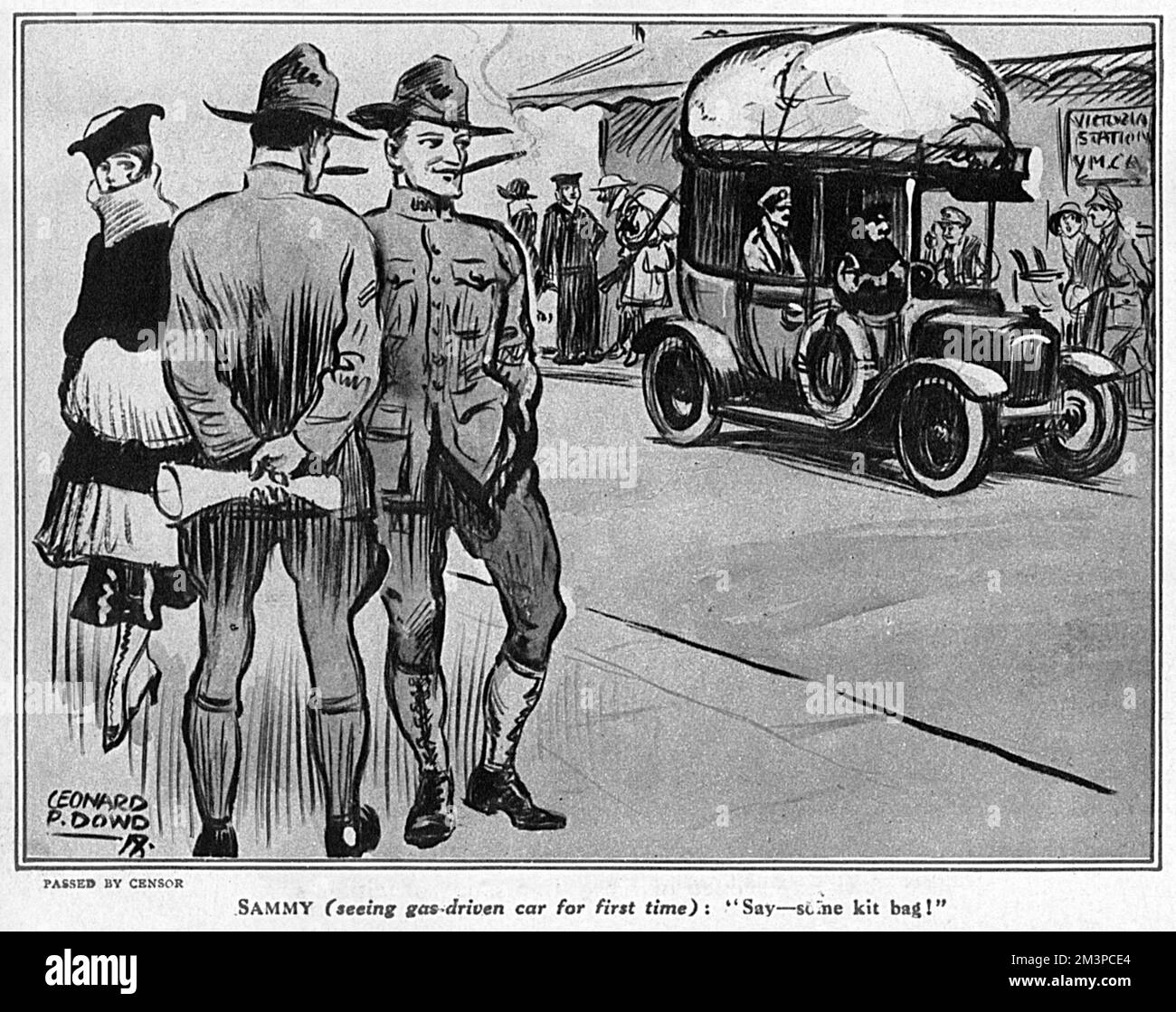 Gasbetriebene Autos, Zeichentrickfilm aus dem 1. Weltkrieg Stockfoto