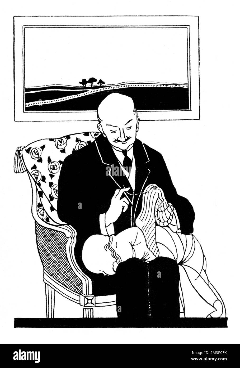 Ein Mann mittleren Alters, der im Socken- und Babyschaukeln tätig ist - eine Rollenumkehr im Ersten Weltkrieg. Datum: 1917 Stockfoto