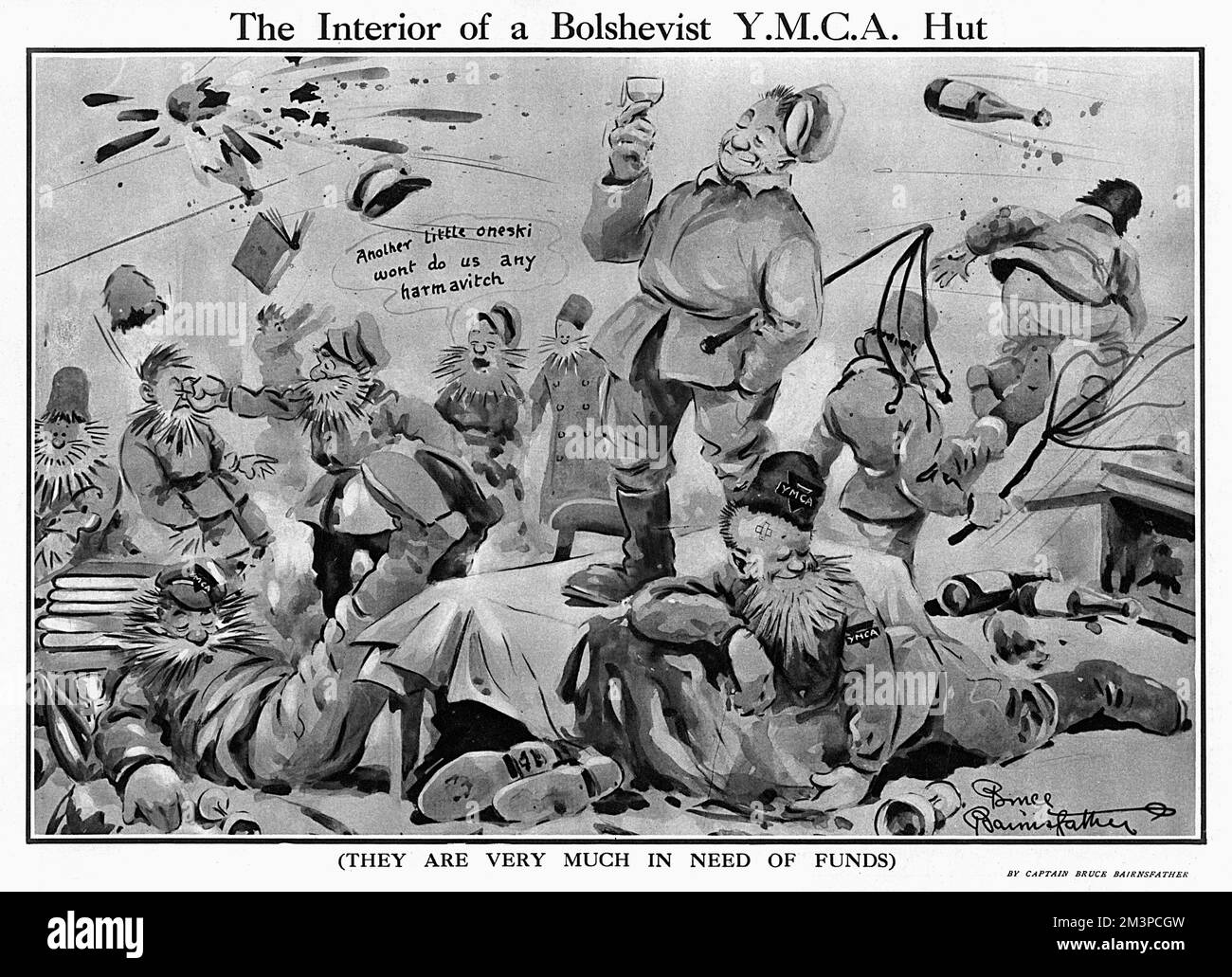 "Sie brauchen dringend Geld." Eine YMCA-Hütte, gefüllt mit betrunkenen und ruhelosen bolschewistischen Russen, wie von Captain Bruce Bairnsfather im Zuschauer geplant. Datum: 1919 Stockfoto