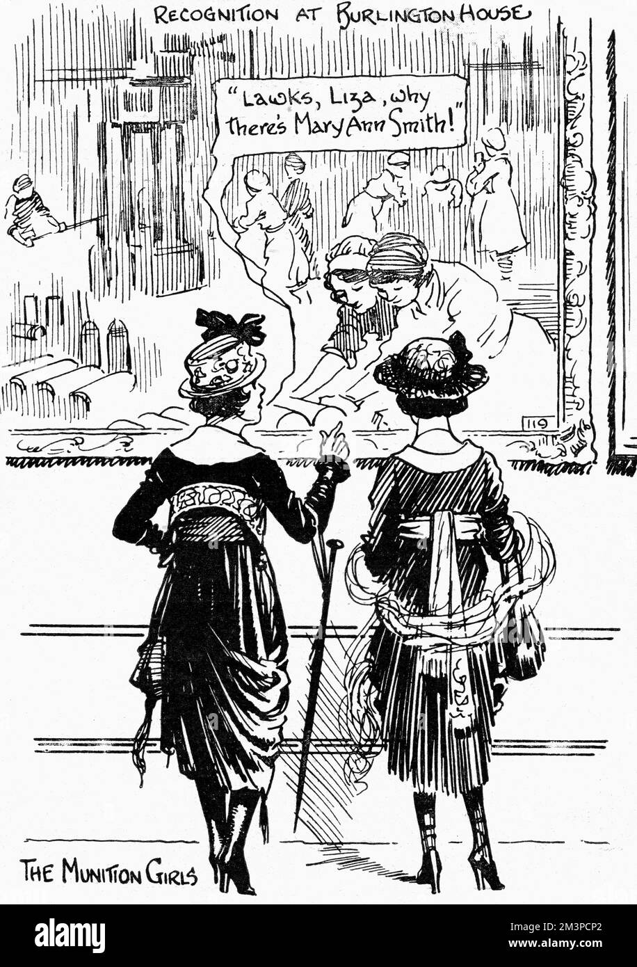 Zwei ehemalige Munitionsarbeiter erkannten sich in einem Gemälde einer Fabrik während des Ersten Weltkriegs, die jetzt auf der Royal Academy Exhibition im Burlington House hängt. Datum: 1919 Stockfoto