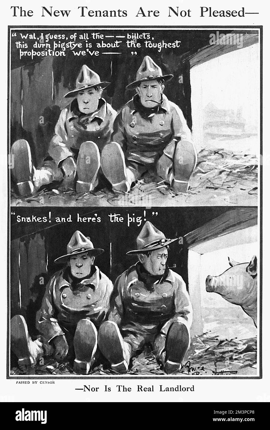 "Die neuen Mieter sind nicht erfreut." "Wal, ich schätze, von allen     Klößchen, ist dieses Dreckschwein der schwierigste Vorschlag, den wir haben." "Schlangen! Und hier ist das Schwein!" Ein Cartoon von Bruce Bairnsfather im Zuschauer mit zwei amerikanischen Soldaten, die in einem Schweinestall ruhen. Datum: 1918 Stockfoto