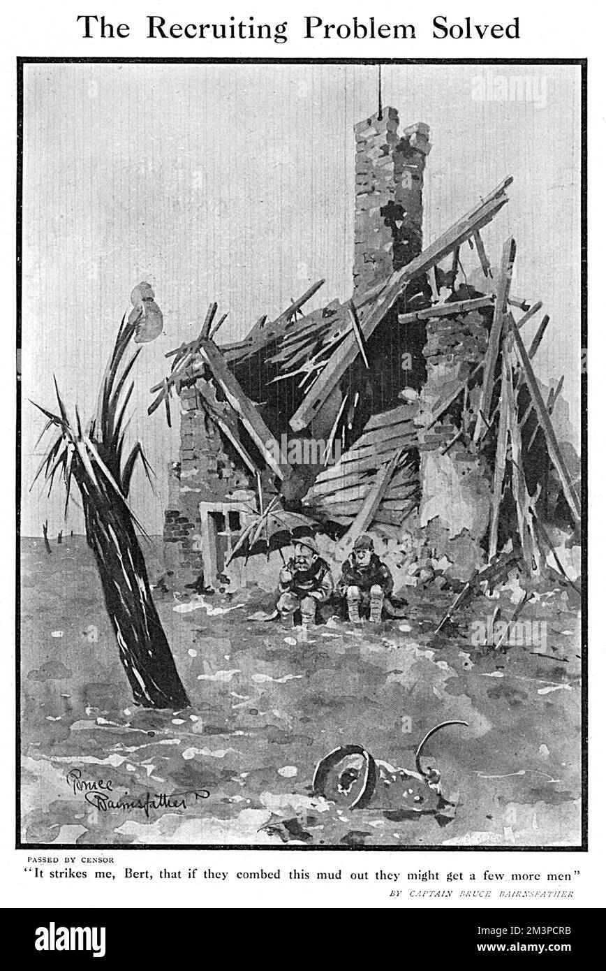 "Das Rekrutierungsproblem gelöst", "Es fällt mir auf, Bert, dass sie, wenn sie diesen Schlamm durchkämmen, vielleicht ein paar mehr Männer bekommen könnten", Ein Cartoon im Zuschauer von Captain Bruce Bairnsfather mit seinen beliebten Charakteren Old Bill und Bert Datum: 1918 Stockfoto