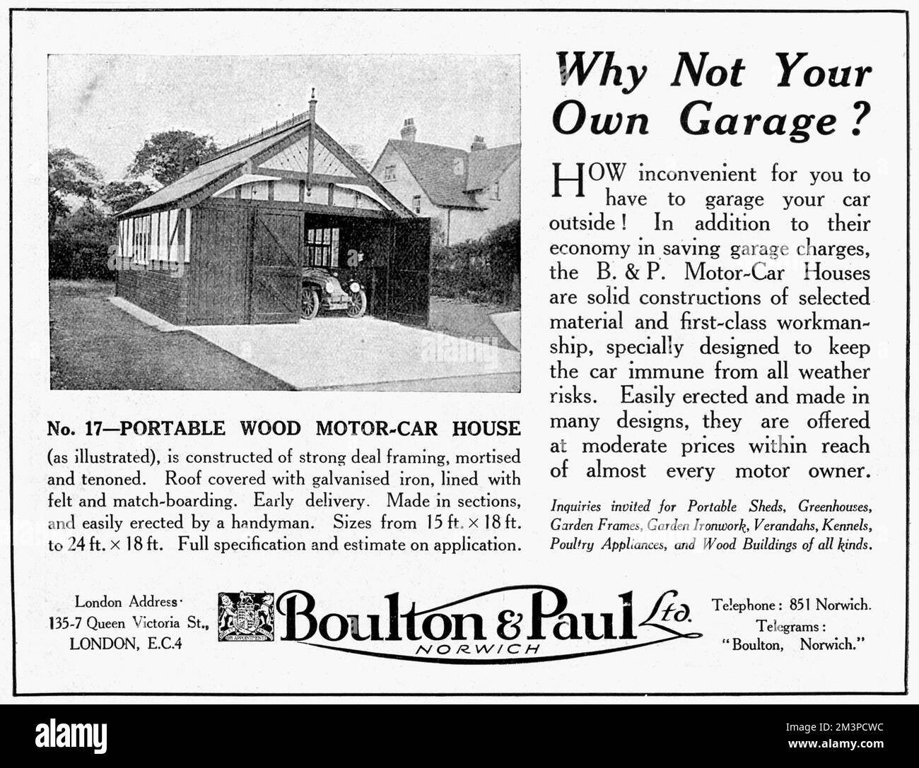 Tragbares Holzmotorhaus oder Garage, 1919 Werbung Stockfoto