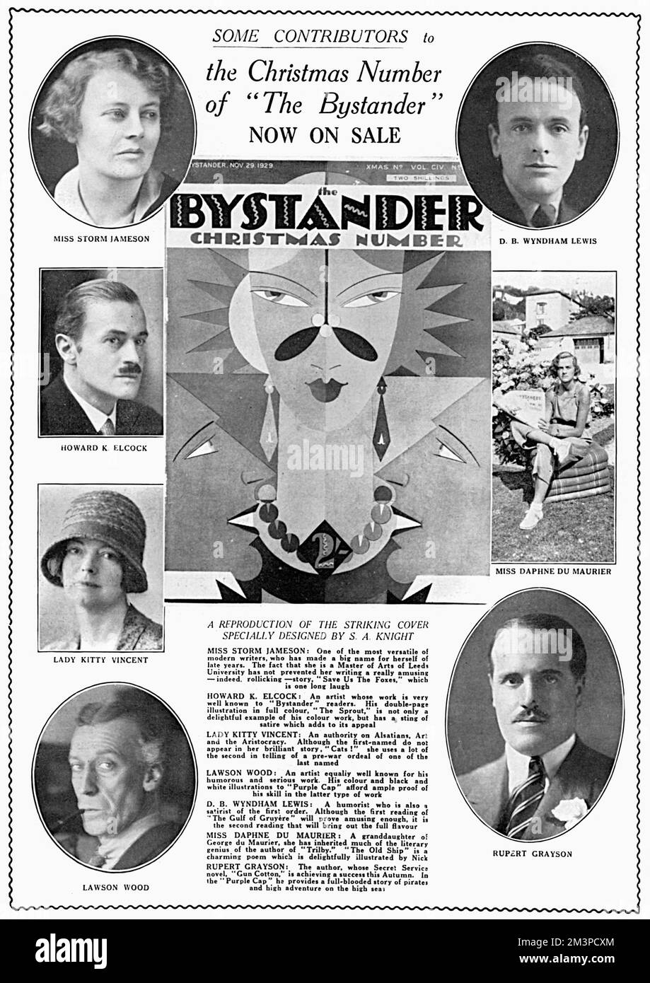 Werbung IM Zuschauermagazin für die bevorstehende Weihnachtsnummer mit Beiträgen von Künstlern und Schriftstellern, deren Porträts gezeigt werden: Miss Storm Jameson, D. B. Wyndham Lewis, Daphne du Maurier (der Zuschauer liest!), Rupert Grayson, Lawson Wood, Lady Kitty Vincent und Howard K. Elcock. In der Mitte befindet sich eine Reproduktion eines markanten Titels, das speziell von S. A. Knight entwickelt wurde (siehe 10224505 für die tatsächliche Titelseite). Datum: 1929 Stockfoto