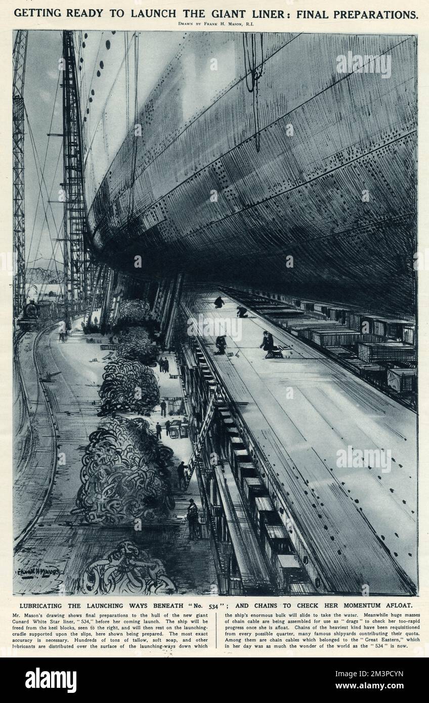 Letzte Vorbereitungen für den Start des R.M.S. „Queen Mary“ Ocean Liner wird dann als „Rumpf Nr. 534“ bezeichnet. Hunderte Tonnen Talg, weiche Seife und andere Schmiermittel wurden über die Oberfläche der Startwege verteilt, die die enorme Rutsche des Schiffs zum Wasser und das Kettenkabel für die Verwendung als „Schlaufen“ montiert wurden, um ihren zu schnellen Fortschritt zu überprüfen, sobald sie über Wasser war. Am 26. September 1934 lockte Königin Mary mit George V. von Britian die riesige Linienläuferin „Queen Mary“ vor Tausenden von Menschen am 26. September 1934 an. 1934 Stockfoto