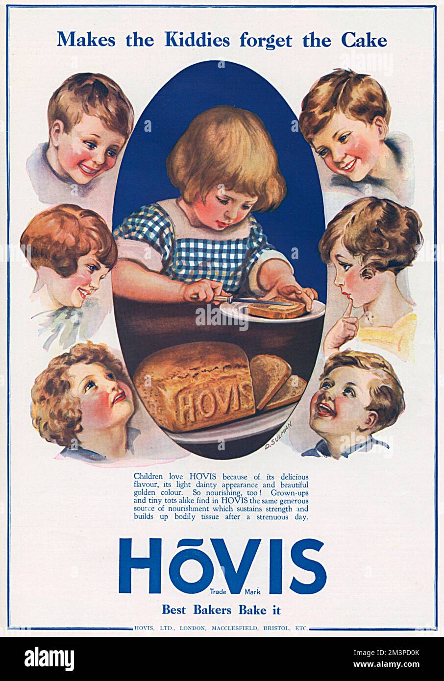 Lass die Kiddies den Kuchen vergessen. Werbung für Hovis-Brot mit einem jungen Mädchen, das ein Stück Vollkornbrot mit Butter verteilt. Datum: 1922 Stockfoto