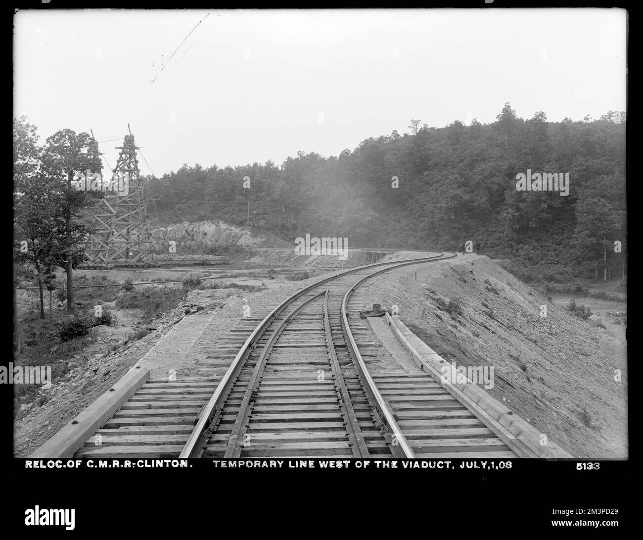 Relocation Central Massachusetts Railroad, Temporary Line westlich von Viaduct, Clinton, Mass., 1. Juli 1903, Wasserwerke, Eisenbahninfrastruktur, Baustellen Stockfoto