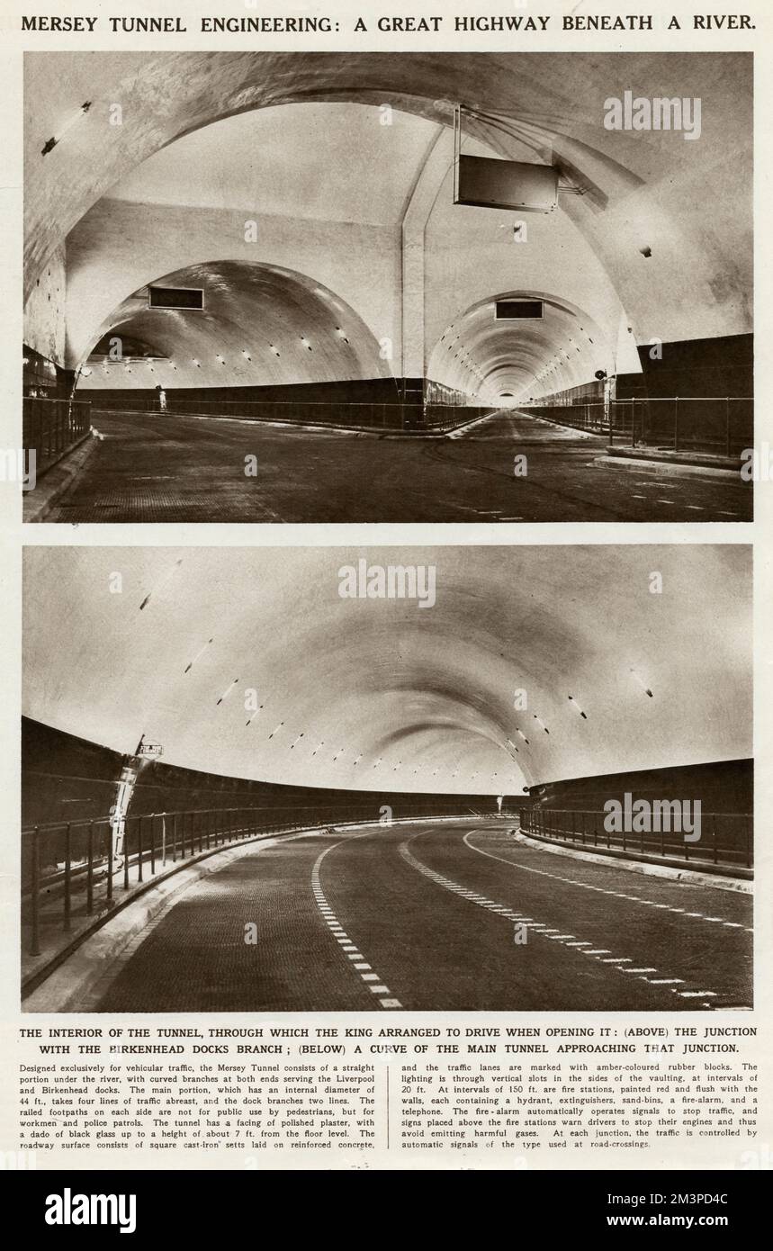 König George V. öffnete am 18. Juli 1934 den Mersey-Tunnel namens „Queensway“ und arrangierte die Fahrt durch den Tunnel. Exklusiv für Fahrzeuge, die Liverpool mit Birkenhead unter dem Fluss Mersey verbinden. Zum Zeitpunkt des Baus war es der längste Unterwassertunnel der Welt, ein Titel, den er seit 24 Jahren innehatte, und kostete insgesamt 8 Millionen Dollar. Fotos hier zeigen (oben) die Kreuzung mit dem Birkenhead Docks Zweig (unten), eine Kurve, die vier Verkehrslinien parallel nimmt. 18. Juli 1934 Stockfoto