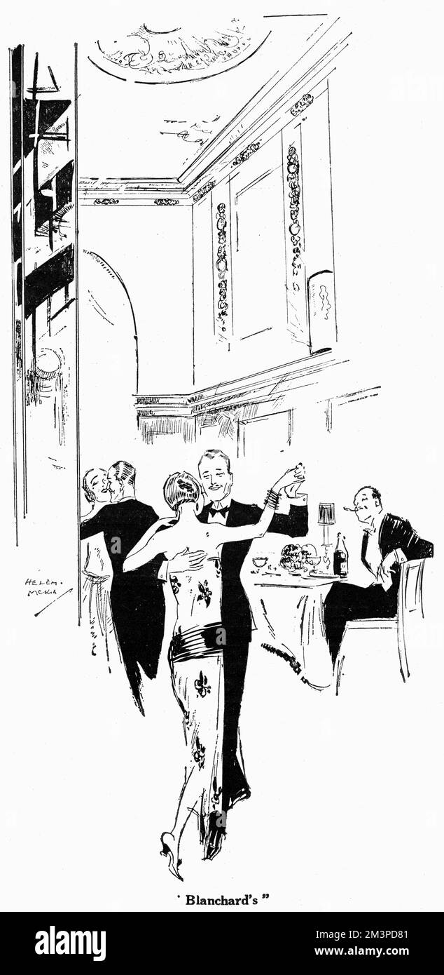 Im Blanchard's, dem ehemaligen Murray's Club in der Beak Street, London, werden tanzende Paare und ein zufriedener Gast mit einer Flasche Champagner an seinem Tisch gezeigt. Datum: 1924 Stockfoto
