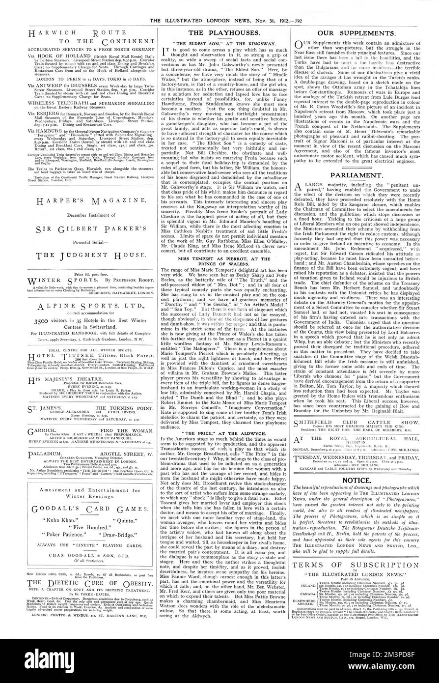 Ein Beispiel für eine Innenseite der illustrierten London News vom 30.. November 1912. Stockfoto